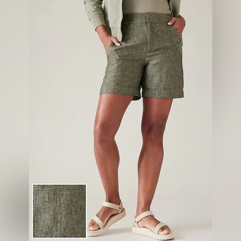 Athleta Voyager Linen Shorts Aspen Olive Women’s Size 10